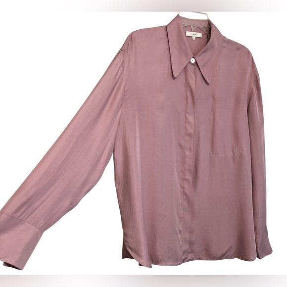 VINCE Relaxed Silk Blend Button Up Blouse, Interior Front Pocket, Lilac Stone XL - Picture 2 of 13